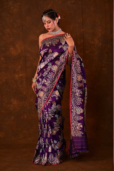 Purple Banarasi Katan Silk Saree With Multicolor Zari Floral Weaving Manufacturers in Varanasi