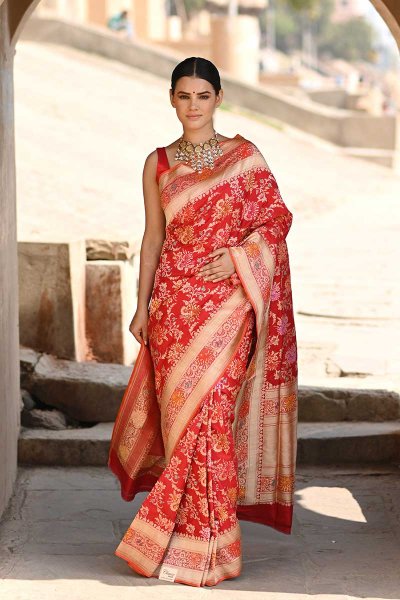 Red Banarasi Katan Silk Saree With Golden Zari Floral Weaving Manufacturers in Varanasi