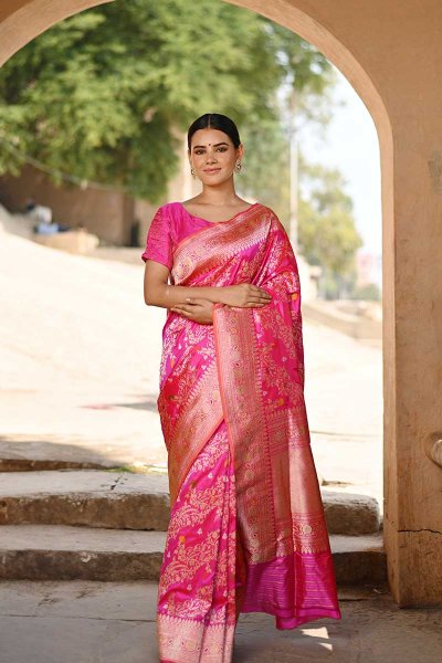 Pink Banarasi Katan Silk Saree With Golden Zari Work Manufacturers in Varanasi