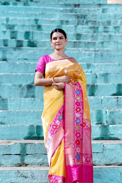 Gold And Pink Banarasi Tissue Silk Saree  Manufacturers in Varanasi