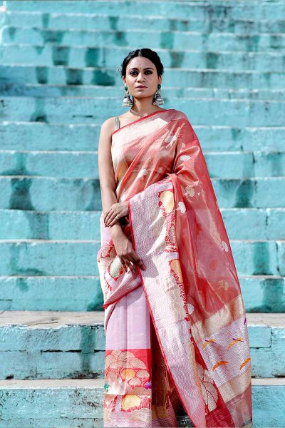 Banarasi Tissue Silk Saree In Coral Pink With Gold Accents Manufacturers in Varanasi