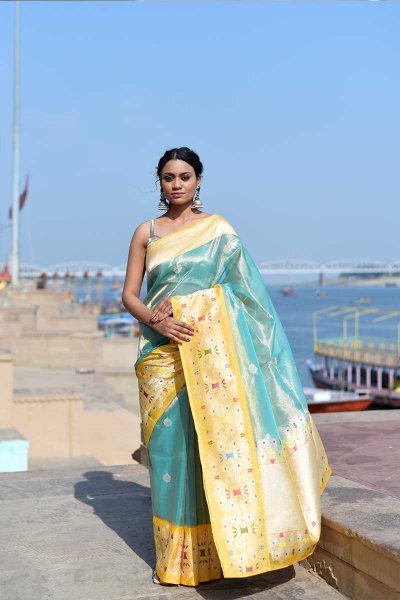 Pastel Teal And Yellow Banarasi Tissue Silk Saree Manufacturers in Varanasi