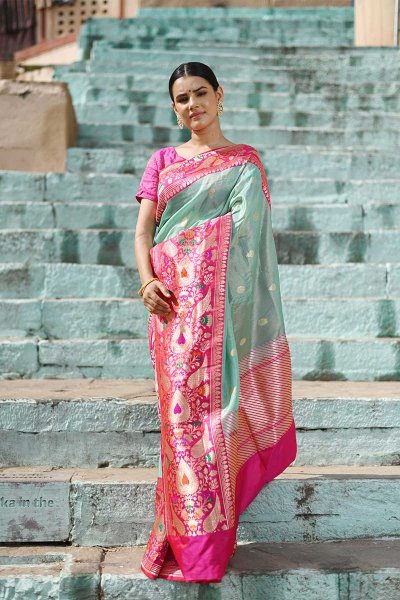 Green And Pink Banarasi Tissue Silk Saree Manufacturers in Varanasi