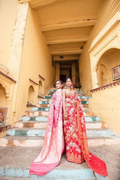 Kora Silk Banarasi Sarees In Pink And Red Manufacturers in Varanasi