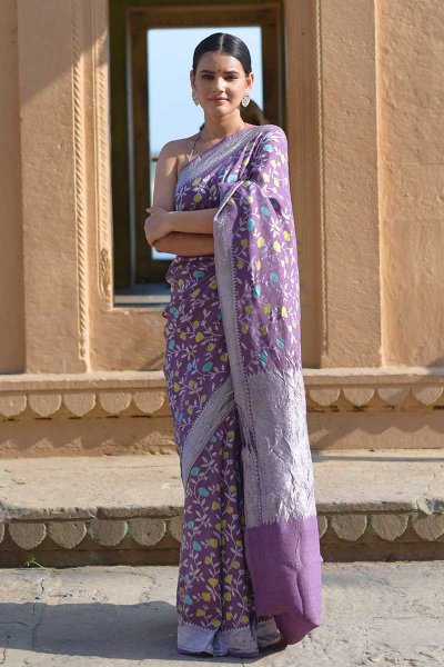 Purple Tussar Silk Banarasi Saree With Floral Motifs Manufacturers in Varanasi