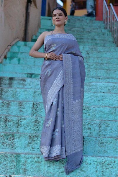 Tussar Silk Banarasi Saree In Soft Greyish-Blue Manufacturers in Varanasi