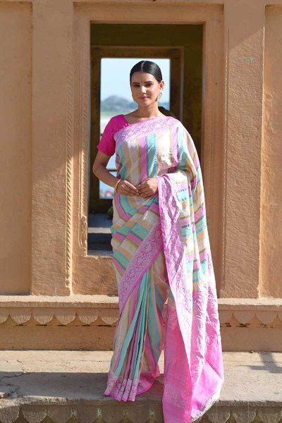 Pastel Stripes Tussar Silk Banarasi Saree Manufacturers in Varanasi