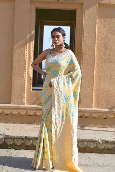 Buttery Yellow And Sky Blue Tussar Silk Banarasi Saree Manufacturers in Varanasi