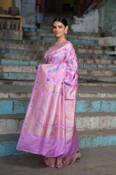 Baby Pink Ektara Katan Kadhiyal Jangla Banaras Handloom Saree in Varanasi