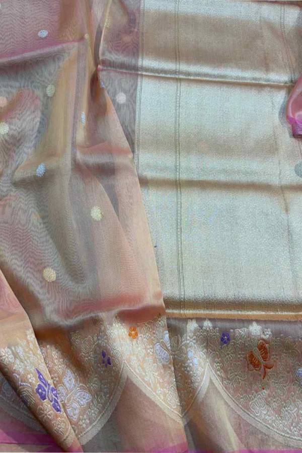 Baby Pink Kaduwa Boota Katan Tissue With Scallop Border Banarasi Handloom Saree in Varanasi