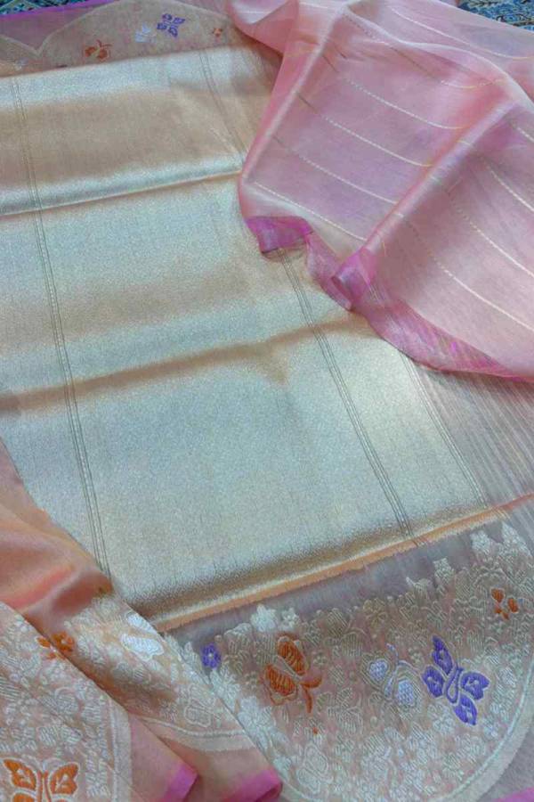 Baby Pink Kaduwa Boota Katan Tissue With Scallop Border Banarasi Handloom Saree in Varanasi