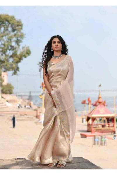 Beige Pure Kora Tissue Banaras Handloom Saree in Varanasi