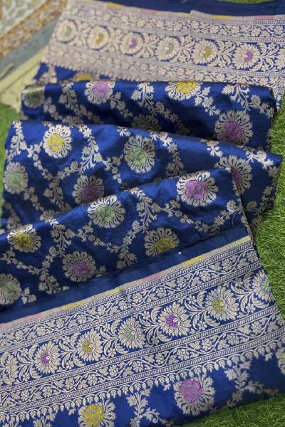 Blue Pure Katan Banarasi Handloom Printed Saree in Varanasi