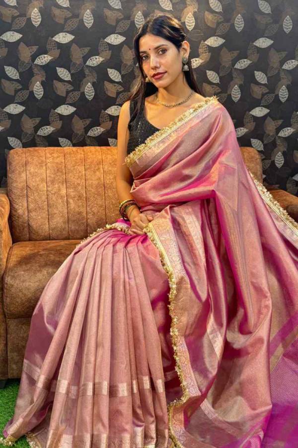 Elegant Pink Tissue Banarasi Silk Saree with Golden Border in Varanasi