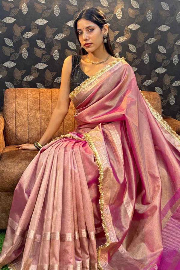 Elegant Pink Tissue Banarasi Silk Saree with Golden Border in Varanasi