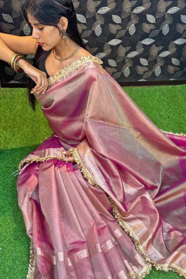 Elegant Pink Tissue Banarasi Silk Saree with Golden Border in Varanasi