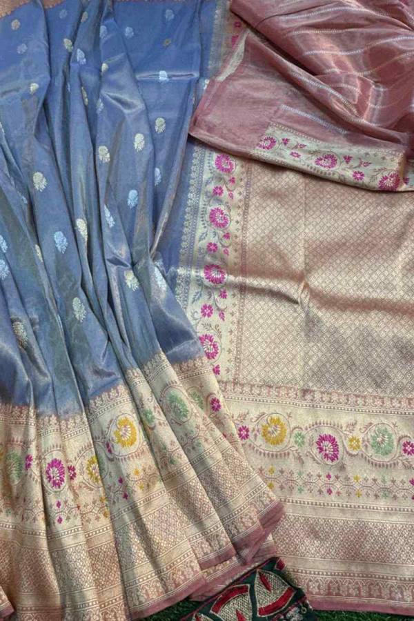 Exclusive Bluish Grey Pure Katan Tissue Banarasi Handloom Saree in Varanasi