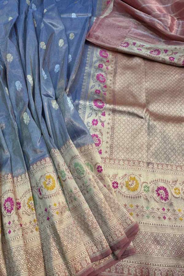 Exclusive Bluish Grey Pure Katan Tissue Banarasi Handloom Saree in Varanasi