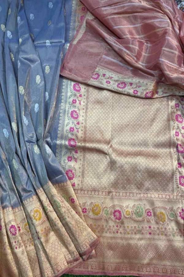 Exclusive Bluish Grey Pure Katan Tissue Banarasi Handloom Saree in Varanasi