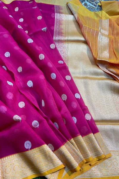 Exclusive Rani Pink Pure Kora Katan Kadhiyal Handloom Banarasi Saree in Varanasi
