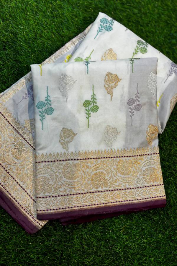 Exclusive White Pure Katan Iktara Handloom Saree in Varanasi