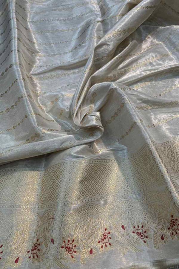 Exclusive White Pure Katan Tissue Flower Meena Boota Banarasi Handloom Saree in Varanasi