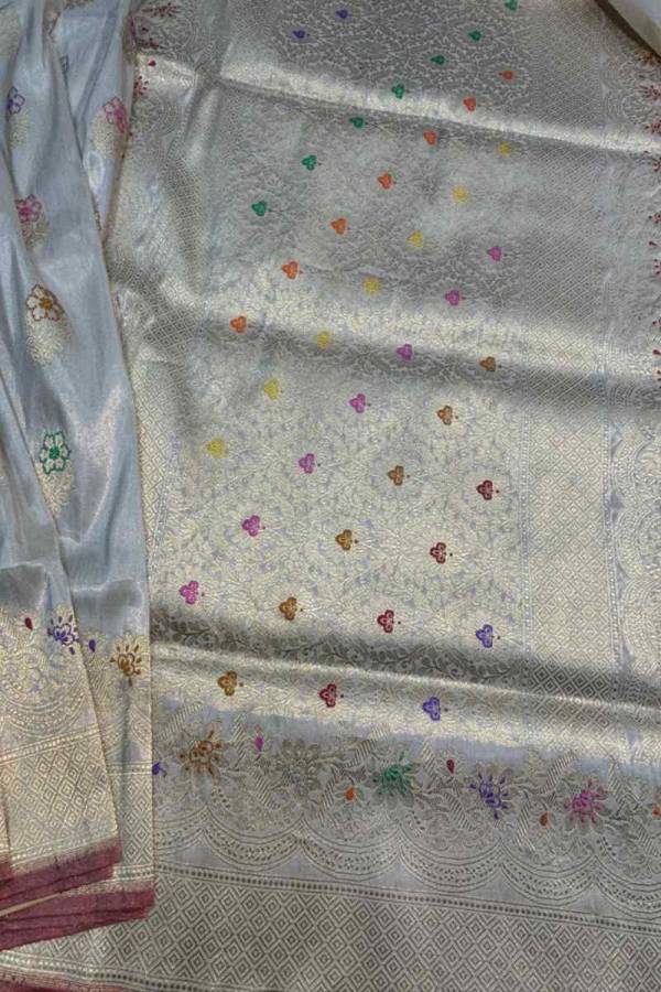 Exclusive White Pure Katan Tissue Flower Meena Boota Banarasi Handloom Saree in Varanasi