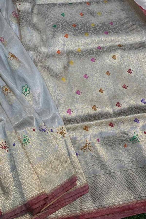 Exclusive White Pure Katan Tissue Flower Meena Boota Banarasi Handloom Saree in Varanasi