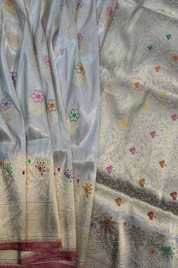 Exclusive White Pure Katan Tissue Flower Meena Boota Banarasi Handloom Saree in Varanasi