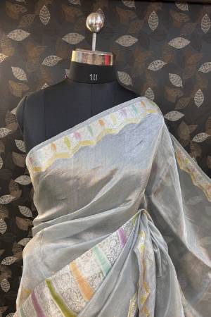 Gray Pure Kora Tissue Rungkaat Banarasi Handloom Saree in Varanasi