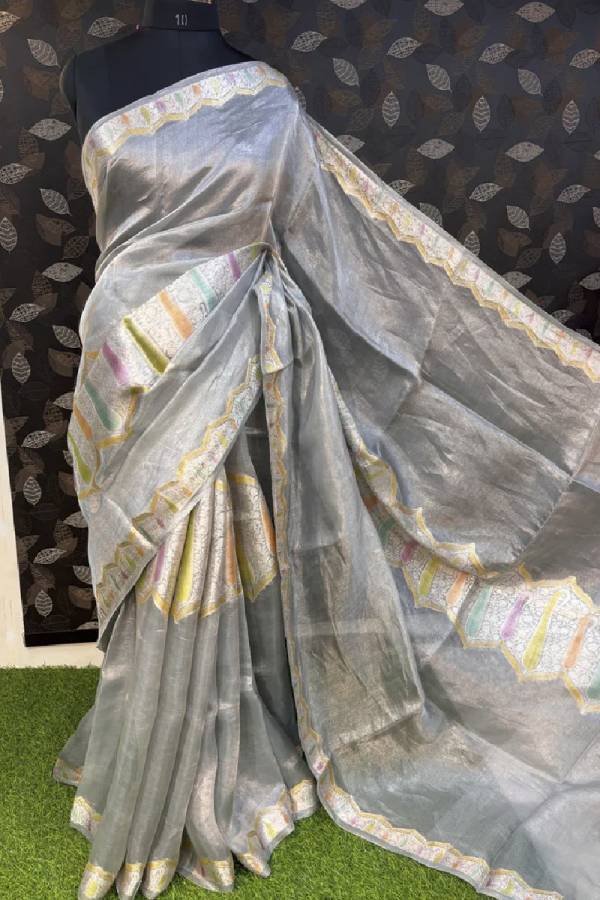 Gray Pure Kora Tissue Rungkaat Banarasi Handloom Saree in Varanasi