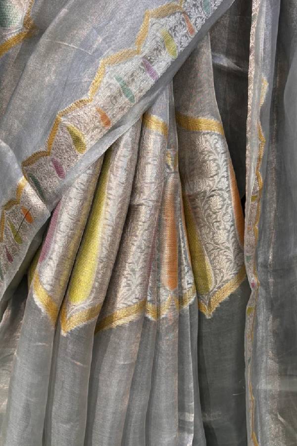 Gray Pure Kora Tissue Rungkaat Banarasi Handloom Saree in Varanasi