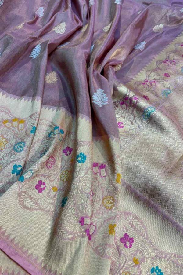 Lavender Pure Katan Tissue with Heavy Border Handwoven saree in Varanasi