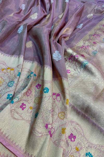 Lavender Pure Katan Tissue with Heavy Border Handwoven saree in Varanasi