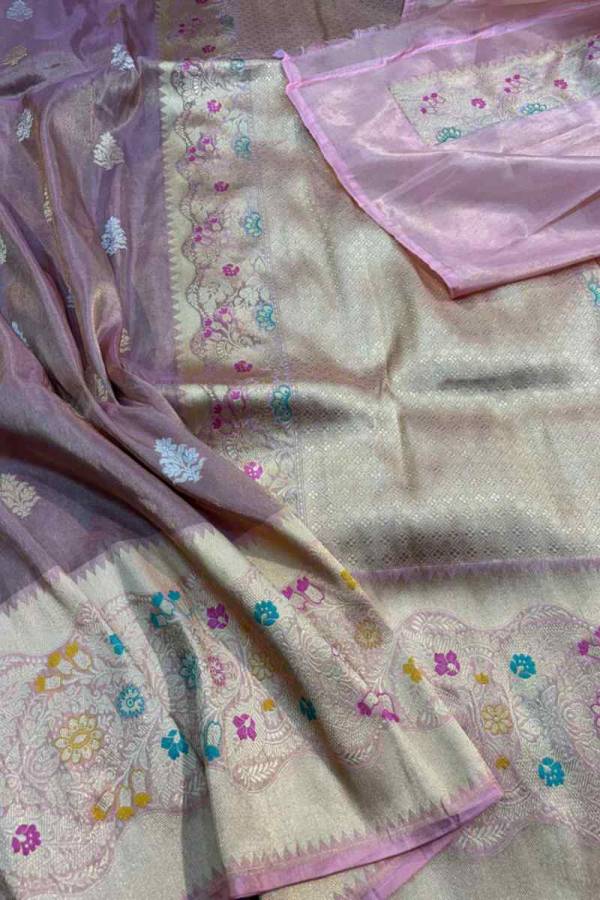 Lavender Pure Katan Tissue with Heavy Border Handwoven saree in Varanasi