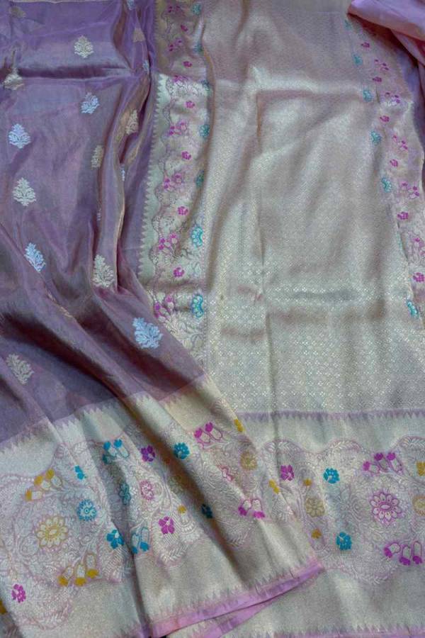 Lavender Pure Katan Tissue with Heavy Border Handwoven saree in Varanasi