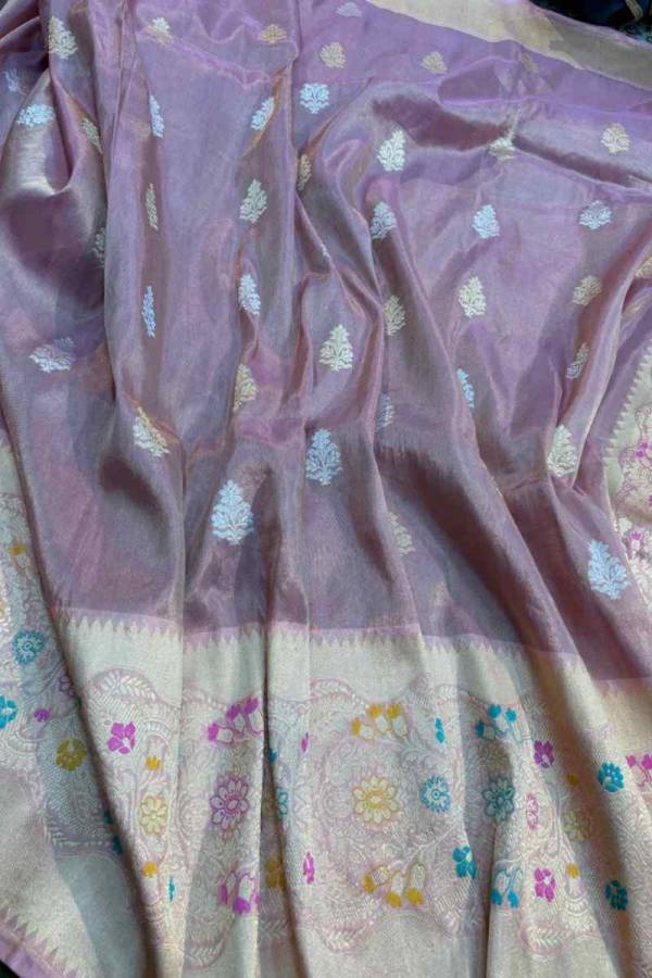 Lavender Pure Katan Tissue with Heavy Border Handwoven saree in Varanasi