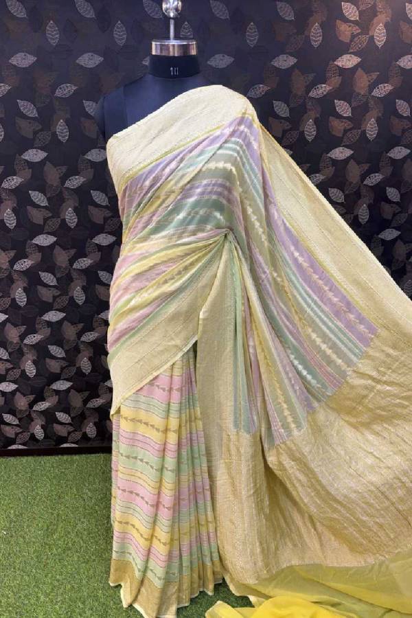 Lemon Yellow Pure Khaddi Georgette Rungkaat Banarasi Handloom Saree in Varanasi