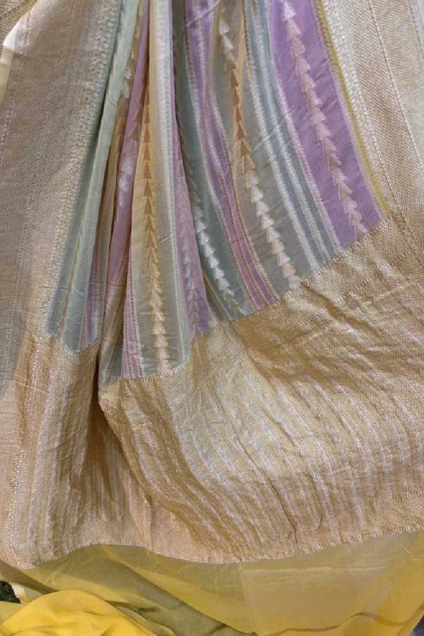 Lemon Yellow Pure Khaddi Georgette Rungkaat Banarasi Handloom Saree in Varanasi