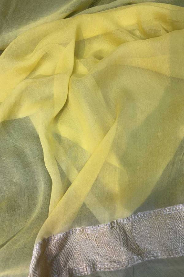 Lemon Yellow Pure Khaddi Georgette Rungkaat Banarasi Handloom Saree in Varanasi