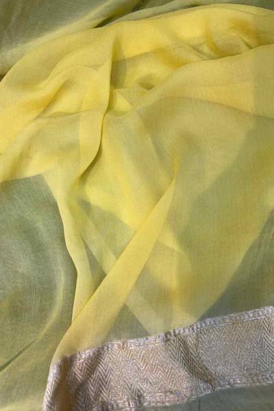 Lemon Yellow Pure Khaddi Georgette Rungkaat Banarasi Handloom Saree in Varanasi