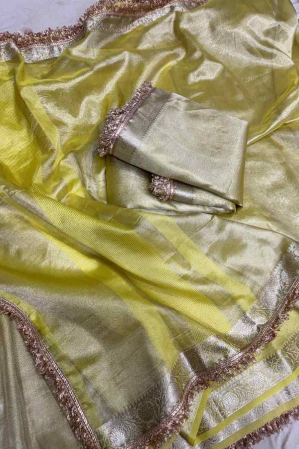 Lemon Yellow Trendy Banarasi Tissue Saree With Border Lace in Varanasi