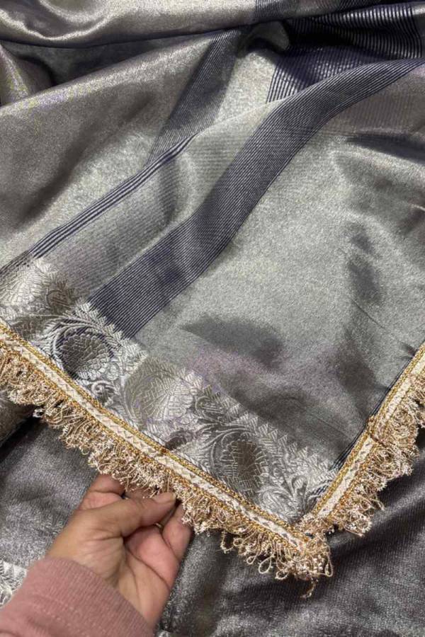 Lemon Yellow Trendy Banarasi Tissue Saree With Border Lace in Varanasi