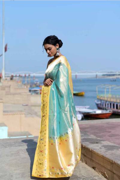 Light Blue And Yellow Pure Katan Tissue Banaras Handwoven Saree in Varanasi