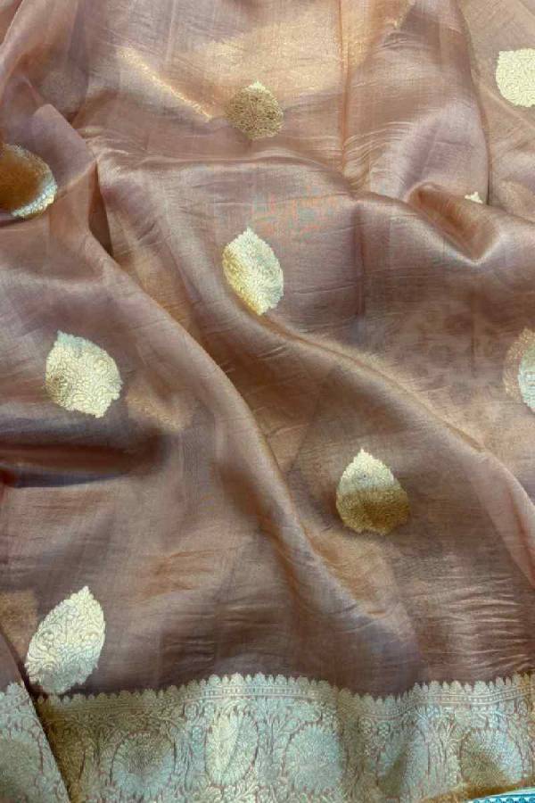 Light Brown Pure Kora Kadhiyal Banaras Handloom Saree in Varanasi