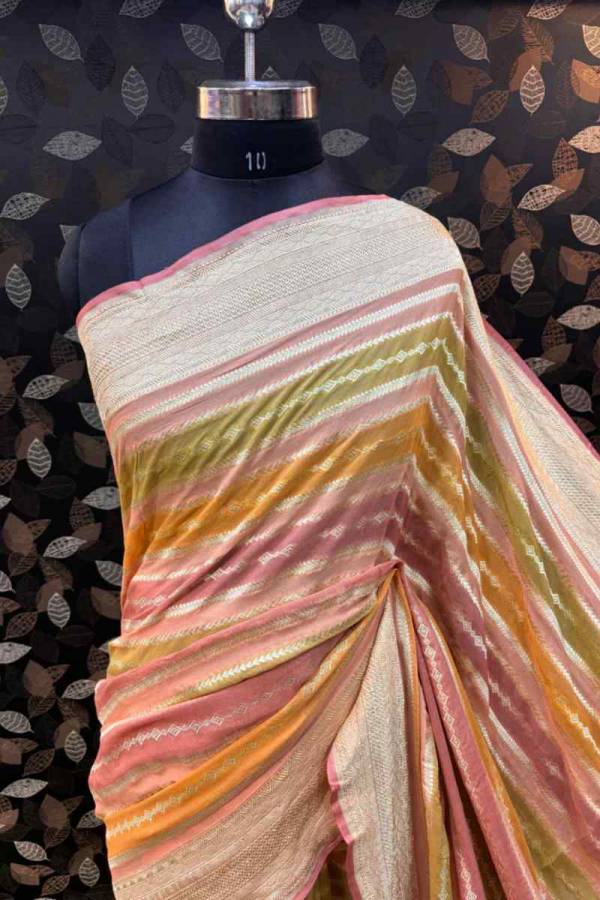 Light Orange Pure Khaddi Georgette Banarasi Handloom Saree in Varanasi