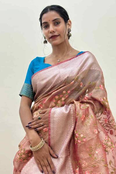 Light Pink Crush Tissue with Embroidery Saree in Varanasi