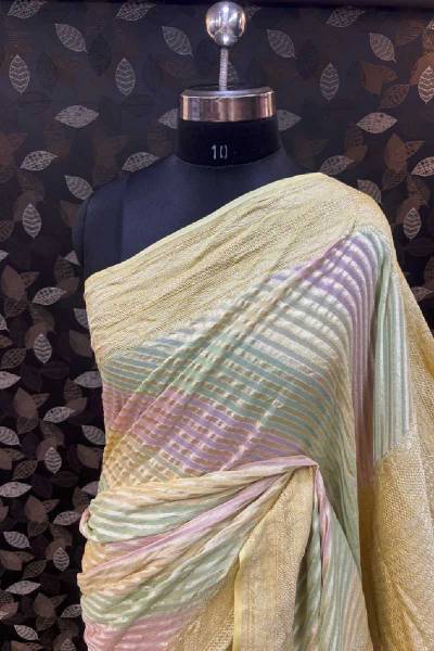 Light Yellow Pure Khaddi Georgette Rungkaat Banarasi Handloom Saree in Varanasi