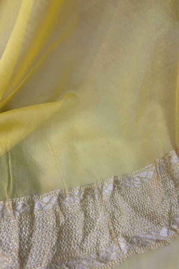 Light Yellow Pure Khaddi Georgette Rungkaat Banarasi Handloom Saree in Varanasi