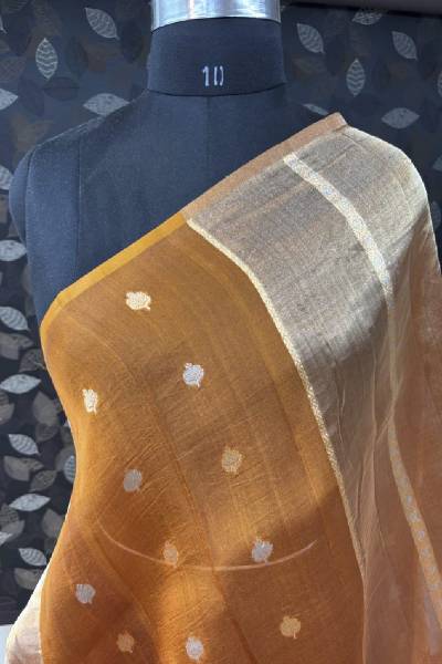 Orange Mustard Pure Kora Tissue Banarasi Handloom Saree in Varanasi